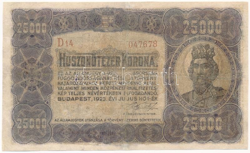 1923. 25.000K 'Orell Füssli Zürich' piros 'D14 047678' T:III- restaurált / Hungary 1923. 25.000 Korona 'Orell Füssli Zürich' with red 'D14 047678' serial number C:VG restored Adamo K44