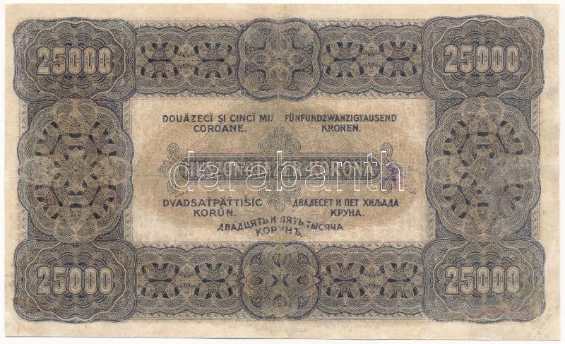 1923. 25.000K 'Orell Füssli Zürich' piros 'D14 047678' T:III- restaurált / Hungary 1923. 25.000 Korona 'Orell Füssli Zürich' with red 'D14 047678' serial number C:VG restored Adamo K44 - Image 2