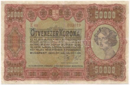 1923. 50.000K 'Orell Füssli Zürich' piros 'E69 033819' sorszámmal T:III- restaurált / Hungary 1923. 50.000 Korona 'Orell Füssli Zürich' with red 'E69 033819' serial number C:VG restored Adamo K45