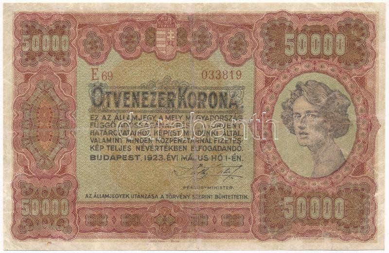 1923. 50.000K 'Orell Füssli Zürich' piros 'E69 033819' sorszámmal T:III- restaurált / Hungary 1923. 50.000 Korona 'Orell Füssli Zürich' with red 'E69 033819' serial number C:VG restored Adamo K45