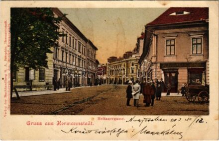 1903 Nagyszeben, Hermannstadt, Sibiu; Heltauergasse / Disznódi utca, Julius Wermescher, Carl Landmann üzlete, Transsylvania szálloda. G. A. Seraphin kiadása / street view, shops, hotel (EK)