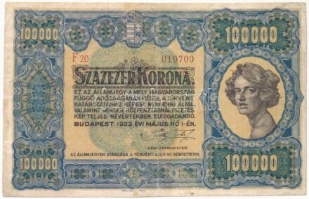 1923. 100.000K 'Orell Füssli Zürich', 'F20 010700' sorszámmal T:III restaurált / Hungary 1923. 100.000 Korona 'Orell Füssli Zürich', with 'F20 010700' serial number C:F restored Adamo K46