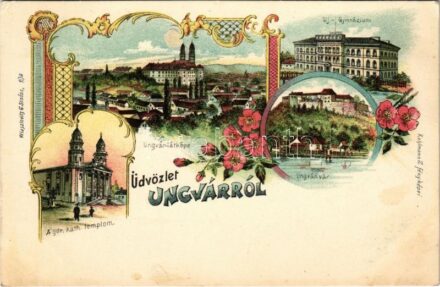 Ungvár, Uzshorod, Uzhhorod, Uzhorod; látkép, Görögkatolikus templom, Új gimnázium, vár. Kohlmann S. fényképei, Wlaszlovits G. 104. / general view, Greek Catholic church, high school, castle. Art Nouveau, floral, litho