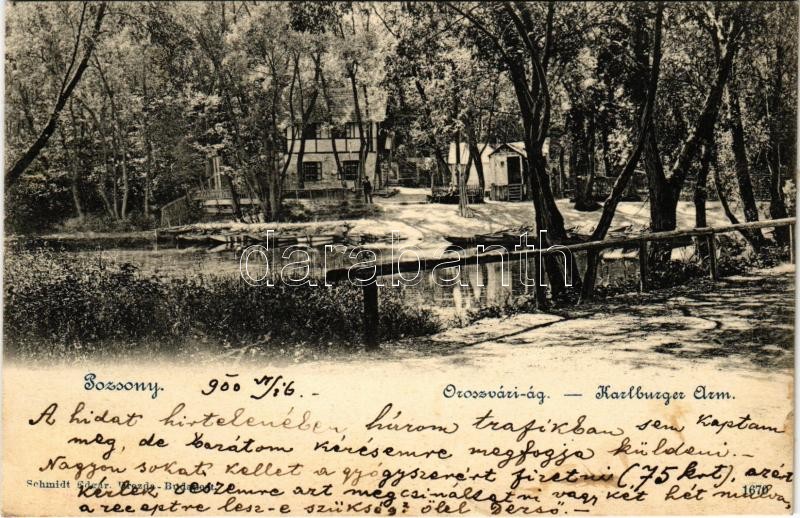 1900 Pozsony, Pressburg, Bratislava; Oroszvári ág / Karlburger Arm / Rusovce Danube river arm (ragasztónyom / gluemark)