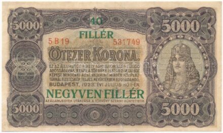 1923. 5000K nyomdahely jelölés nélkül '40 FILLÉR - NEGYVEN FILLÉR' felülbélyegzéssel, '5B19 531749' T:III restaurált / Hungary 1923. 5000 Korona with '40 FILLÉR - NEGYVEN FILLÉR' overprint, '5B19 531749' C:F restored Adamo K39B