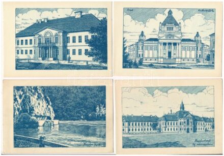 14 db RÉGI magyar irredenta propaganda képeslap Lamoss szignóval (Kiadja a Délvidéki Egyetemi és Főiskolai Hallgatók Egyesülete) / 14 pre-1945 Hungarian irredenta propaganda art postcards signed by Lamoss