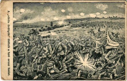 1914 A 'vörös ördögök' üldözik a futó orosz hadat / WWI Austro-Hungarian K.u.K. military art postcard, hussars attack (EK)