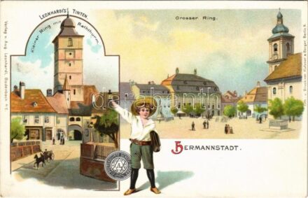 Nagyszeben, Hermannstadt, Sibiu; Grosser Ring, Kleiner Ring mit Raththurm / Fő tér, Kis tér és Várostorony, templom. Leonhardi tinta reklámja / main square, church, city tower. Leonhardi's Tinten advertisement card. Kutzner & Berger Art
