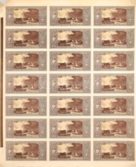 1945. 50P hátlapi fázisnyomat 21db-os ívben, ivszéllel, illesztőkerettel T:hajtatlan, feltekerve, széleken gyűrődések / Hungary 1945. 50 Pengő back progress proof in a sheet of 21, sheet edge C:unfolfed, rolled up, creases on the edges