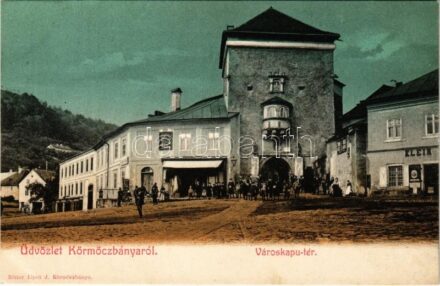 Körmöcbánya, Kremnitz, Kremnica; Városkapu tér, Klein üzlete. Ritter Lipót J. kiadása / castle gate, square, shop