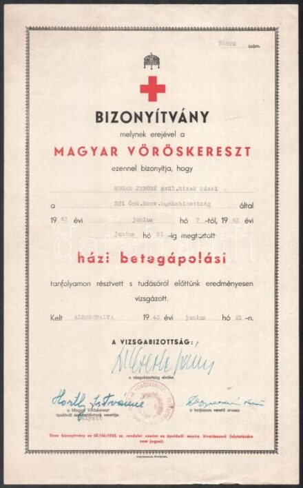 1943 vitéz Horthy Istvánné Edelsheim-Gyulai Ilona (1918-2013) aláírása egy vöröskeresztes bizonyítványon,