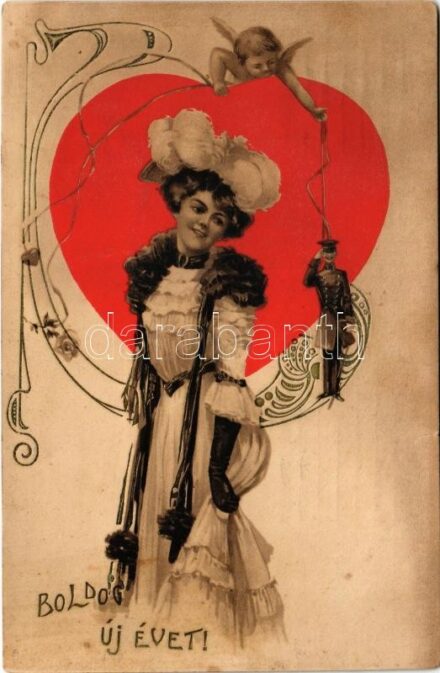 1910 Boldog Újévet! / New Year greeting art postcard, romantic couple. Art Nouveau, litho (r)