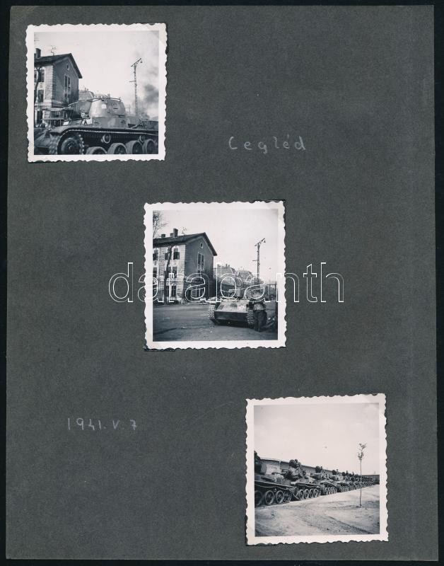 1941 A M. kir. Honvédség 3. harckocsiezrede mozgósítás és a bevagonírozás közben, 5 db kivehető fotó kartonon, felirattal, szép állapotban, 6×6 cm