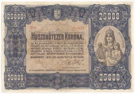1922. 25.000K 'Orell Füssli Zürich' 'D10 043424' T:III restaurált / Hungary 1922. 25.000 Korona 'Orell Füssli Zürich', 'D10 043424' C:F restored Adamo K43