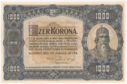 1920. 1000K 'Orell Füssli Zürich', 'B16 947361' T:III szép papír / Hungary 1920. 1000 Korona 'Orell Füssli Zürich', 'B16 947361' C:F fine paper Adamo K36