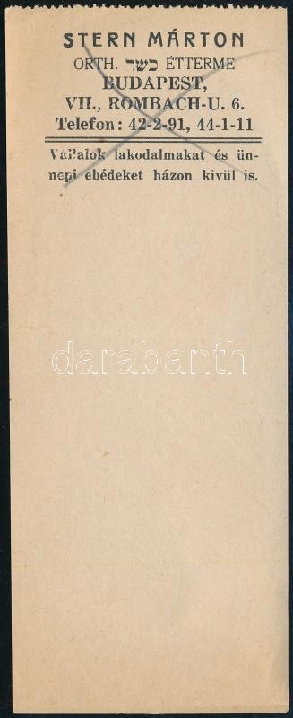 cca 1930 'Stern Márton Orth. Étterme, Bp. VI. Rombach-u. 6.', reklámos számolócédula, judaika, rajta ceruzás áthúzással, 15x6 cm