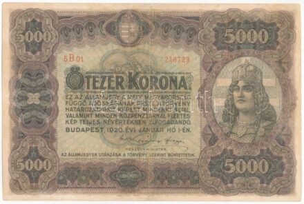 1920. 5000K 'Orell Füssli Zürich', piros '5B01 246723' sorszámmal T:III / Hungary 1920. 5000 Korona 'Orell Füssli Zürich', with red '5B01 246723' serial number C:F Adamo K38