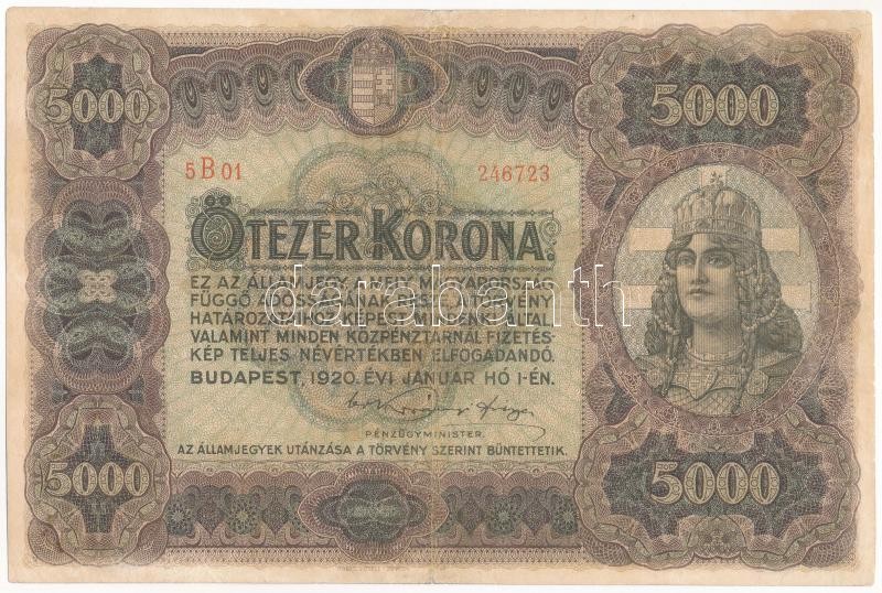 1920. 5000K 'Orell Füssli Zürich', piros '5B01 246723' sorszámmal T:III / Hungary 1920. 5000 Korona 'Orell Füssli Zürich', with red '5B01 246723' serial number C:F Adamo K38