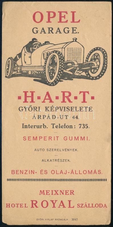 cca 1920 'Opel Garage, a HART győri képviselete', 'Meixner Hotel Royal Szálloda', Győr, Győri Hírlap-ny., Opel autós grafikával díszített számolócédula, a hátoldalon bejegyzésekkel, bélyegzéssel, kis gyűrődésnyomokkal, 16x7,5 cm