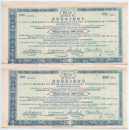 Arad 1890. 'Alföldi és Délmagyarországi általános kiállítás' sorsjegy 50kr értékben (2x) sorszámkövetők T:III / Hungary / Arad 1890. 'General Exhibition of the Great Plain and Southern Hungary' lottery ticket in 50 Kreuzer value (2x)