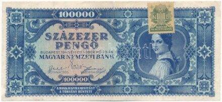 1945. 100.000P kék színű, zöld 'MNB' bélyeggel, 'M017 047953' T:III restaurált / Hungary 1945. 100.000 Pengő blue color with green 'MNB' stamp, 'M017 047953' C:F restored Adamo P24e