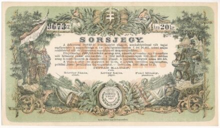 Debrecen 1889. 'A debreczeni 1848/49-ki honvéd-egylet elaggott, munkaképtelenné vált tagjai segélyezésére' sorsjegy 20kr értékben T:I-,II hajtatlan / Hungary / Debrecen 1889. 'To help the members of the Hungarian Association of the