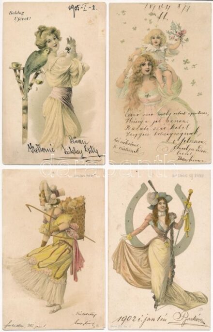 4 db RÉGI Hegedüs Geiger féle újévi művészlap / 4 pre-1945 Hungarian New Year greeting art postcards