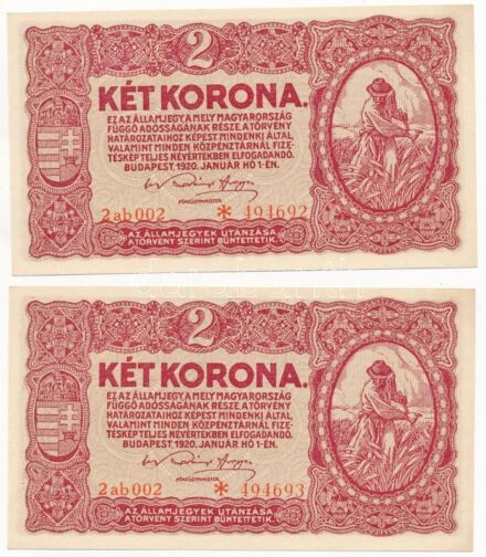 1920. 2K '2ab' (2x, sorszámkövető, csillagos sorszám) T:I- Adamo K7/1