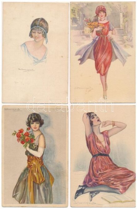 4 db RÉGI olasz hölgy művészlap, S. Bompard szignóval / 4 pre-1945 Italian lady art postcards signed by S. Bompard