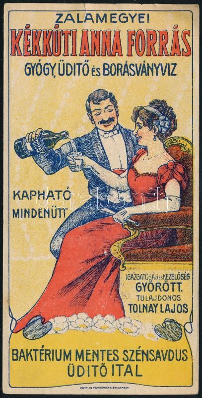 cca 1920 'Zalamegyei Kékúti Anna Forrás gyógy, üdítő és borásványvíz,' Bp., Klein és Fleischner-ny., reklámos litografált számolócédula, 14x7 cm