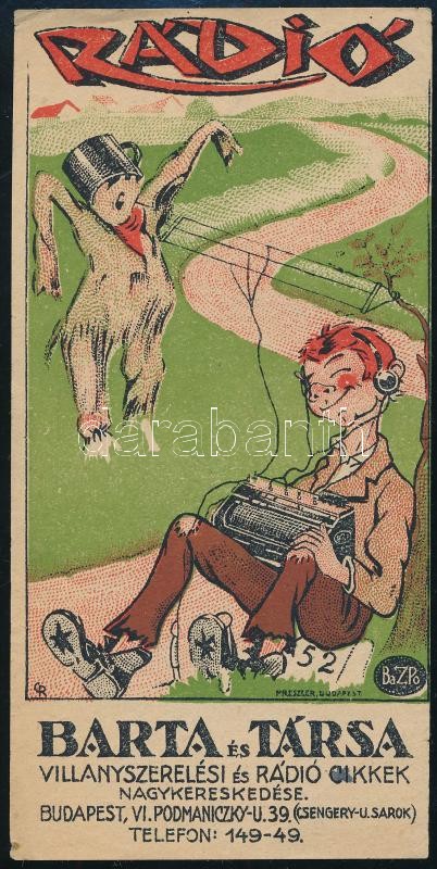 cca 1930-1940 'Rádió, Barta és Társa' reklámos litografált számolócédula, jelzett a nyomaton, 12x6 cm