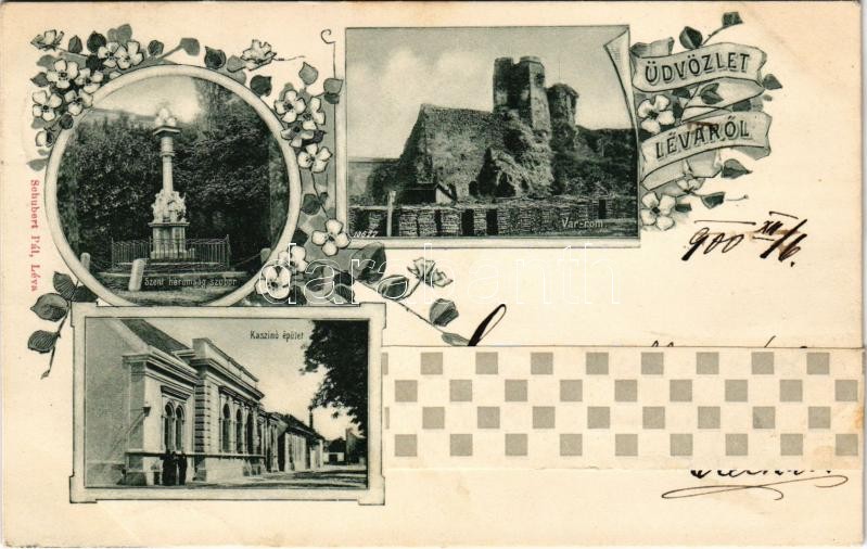 1900 Léva, Levice; Szentháromság szobor, várrom, Kaszinó épület. Schubert Pál kiadása / Trinity statue, castle ruins, casino. Art Nouveau, floral