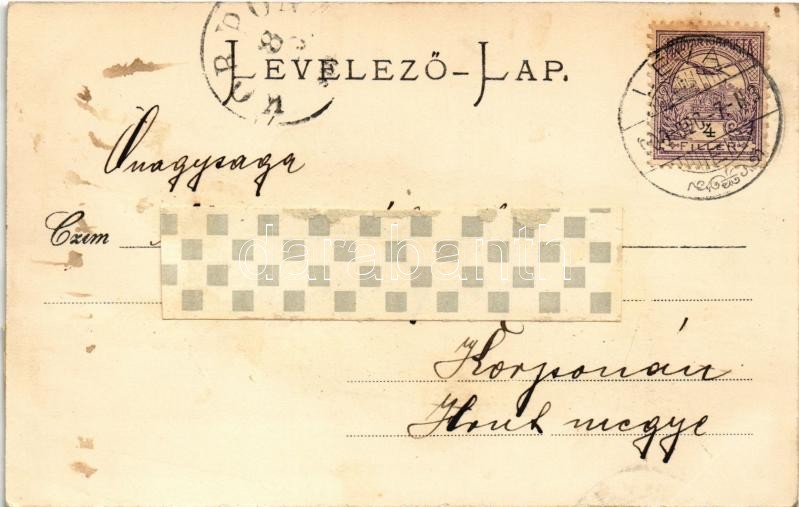 1900 Léva, Levice; Szentháromság szobor, várrom, Kaszinó épület. Schubert Pál kiadása / Trinity statue, castle ruins, casino. Art Nouveau, floral - Image 2