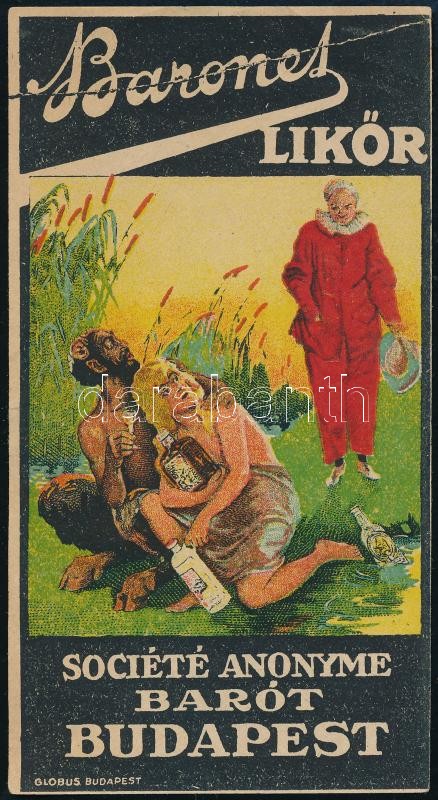 cca 1930-1940 'Baronet likőr, Société Anonyme Barót Budapest', Bp., Globus, litografált reklámos számolócédula, 12x6 cm