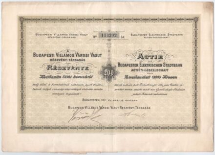 Budapest 1911. 'Budapesti Villamos Városi Vasut Részvény-Társaság' részvénye 200K-ról, szelvényekkel magyar és német nyelven T:II / Hungary / Budapest 1911. 'Budapesti Villamos Városi Vasut Részvény-Társaság' share about 200 Korona
