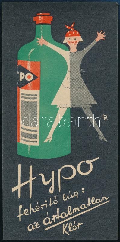 'Hypo, fehérítő lúg: az ártalmatlan klór', jelzett a nyomaton, reklámos számolócédula, 14x7 cm