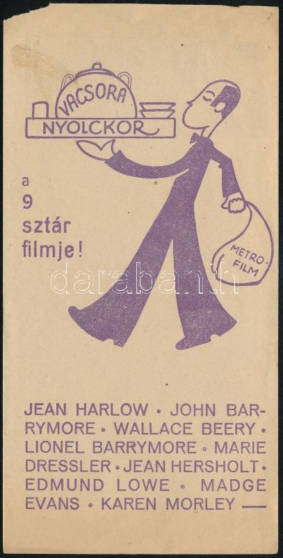 cca 1920 Vacsora nyolckor, Radius Metro Filmpalota, Metro Goldwyn Mayer, filmreklámos számolócédula, 15x8 cm