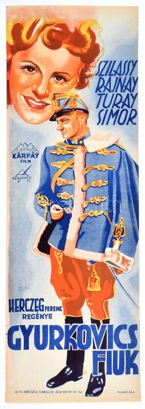 Gyurkovics fiúk , 1941. Moziplakát (filmplakát, rácsplakát). Turay Ida, Rajnay Gábor, Simor Erzsi, Szilassy László és mások szereplésével. Herczeg Ferenc regénye. Litográfia, papír. Kenyeres grafikája, jelzett a litográfián.