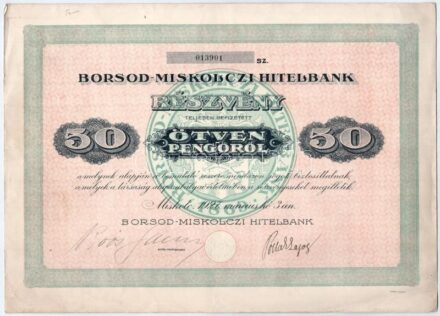 Miskolc 1927. 'Borsod-Miskolczi Hitelbank' részvénye 50P-ről, szárazpecséttel T:II,II- / Hungary / Miskolc 1927. 'Borsod-Miskolczi Hitelbank' share about 50 Pengő with embossed stamp C:XF,VF