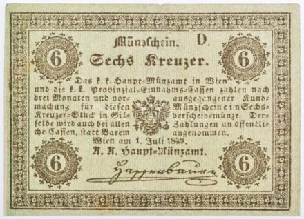 1849. 6Kr 'K. K. Hauptmünzamt Münzschein' T:II,II- szép paír / Hungary 1849. 6 Kreuzer 'K. K. Hauptmünzamt Münzschein' C:XF,VF fine paper Adamo 84