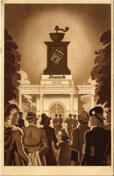 Franck kávé pavilonja az 1941. évi Budapesti Nemzetközi Vásáron, reklámlap. Klösz / Hungarian coffee advertisement s: Gebhardt + '100 éves a Magyar Ipar és Kiállításügy 1941 Budapest' So. Stpl. (EK)