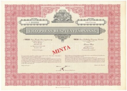 Budapest 1994. 'VICO Press Részvénytársaság' részvénye magyar és angol nyelven 'MINTA' felülbélyegzéssel, '000'-ás sorszámmal T:I