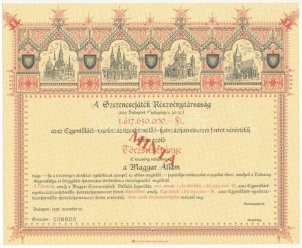 Budapest 1992. 'Szerencsejáték Részvénytársaság' névre szóló részvénye 'MINTA' felülbélyegzéssel, '000'-ás sorszámmal T:I