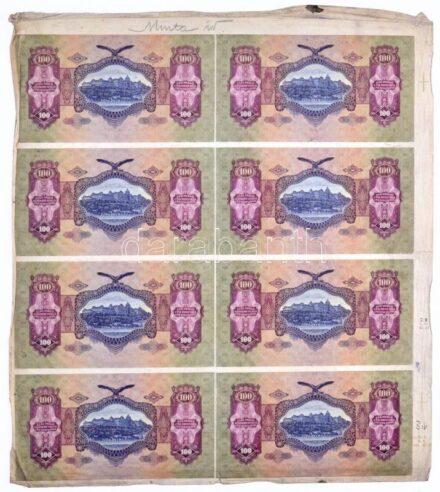 1930. 100P 8db-os vágatlan MINTA ÍV, hátlapi teljes és előlapi fázisnyomattal. A bankjegyek mind '089952'-es sorszámmal és 'E 807 - E 814' sorszámkövető sorozatszámmal T:III R! / Hungary 1930. 100 Pengő in a SPECIMEN SHEET of 8, full