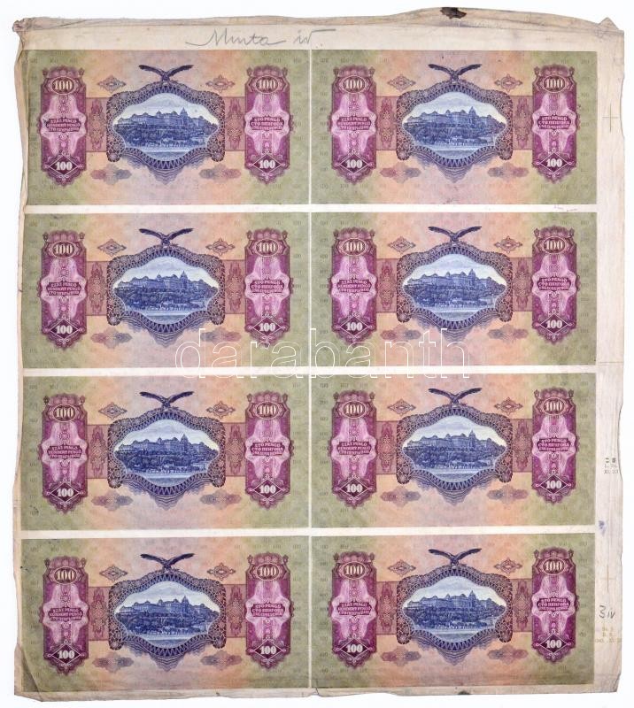 1930. 100P 8db-os vágatlan MINTA ÍV, hátlapi teljes és előlapi fázisnyomattal. A bankjegyek mind '089952'-es sorszámmal és 'E 807 - E 814' sorszámkövető sorozatszámmal T:III R! / Hungary 1930. 100 Pengő in a SPECIMEN SHEET of 8, full