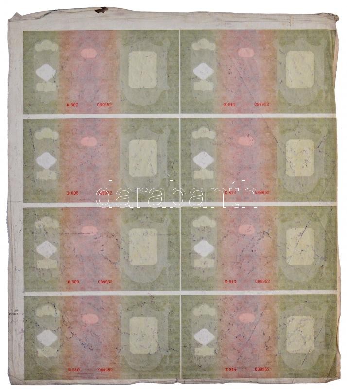1930. 100P 8db-os vágatlan MINTA ÍV, hátlapi teljes és előlapi fázisnyomattal. A bankjegyek mind '089952'-es sorszámmal és 'E 807 - E 814' sorszámkövető sorozatszámmal T:III R! / Hungary 1930. 100 Pengő in a SPECIMEN SHEET of 8, full - Image 2
