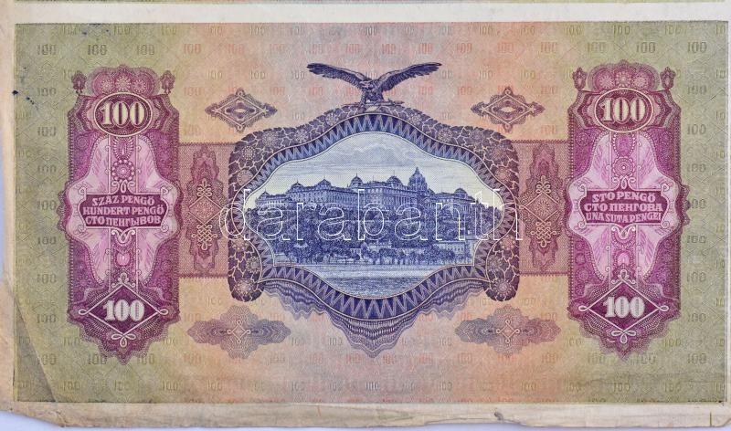 1930. 100P 8db-os vágatlan MINTA ÍV, hátlapi teljes és előlapi fázisnyomattal. A bankjegyek mind '089952'-es sorszámmal és 'E 807 - E 814' sorszámkövető sorozatszámmal T:III R! / Hungary 1930. 100 Pengő in a SPECIMEN SHEET of 8, full - Image 3