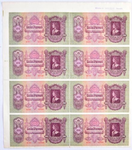 1930. 100P 8db-os vágatlan MINTA ÍV, '1943. III. 17.' dátummal, 'PARAFA' kísérleti nyomat jelzéssel , látható illesztőkerettel. A bankjegyek mind '007506' sorszámmal, de sorszámkövető sorozatszámokkal 'E 647 - E 654' T:I- kissé