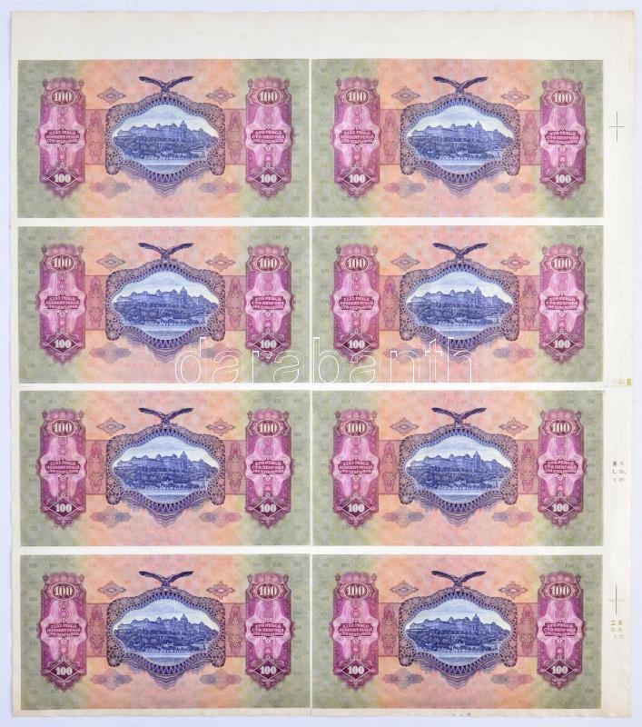 1930. 100P 8db-os vágatlan MINTA ÍV, '1943. III. 17.' dátummal, 'PARAFA' kísérleti nyomat jelzéssel , látható illesztőkerettel. A bankjegyek mind '007506' sorszámmal, de sorszámkövető sorozatszámokkal 'E 647 - E 654' T:I- kissé - Image 2