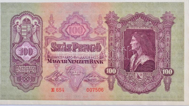 1930. 100P 8db-os vágatlan MINTA ÍV, '1943. III. 17.' dátummal, 'PARAFA' kísérleti nyomat jelzéssel , látható illesztőkerettel. A bankjegyek mind '007506' sorszámmal, de sorszámkövető sorozatszámokkal 'E 647 - E 654' T:I- kissé - Image 3